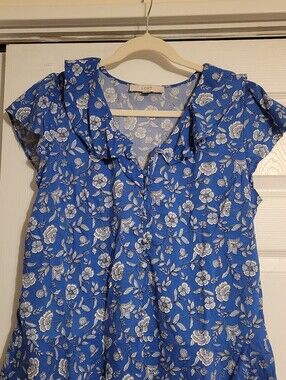 LOFT Royal Blue Floral Ruffle Cap-Sleeve Blouse